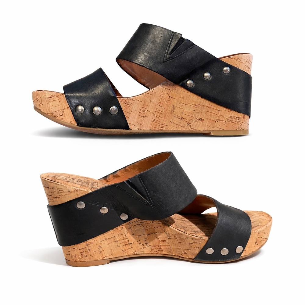 Lucky Brand Magnolia Cork Wedge Sandals Black Leather Slides Boho Comfort Size 8 - Picture 6 of 13